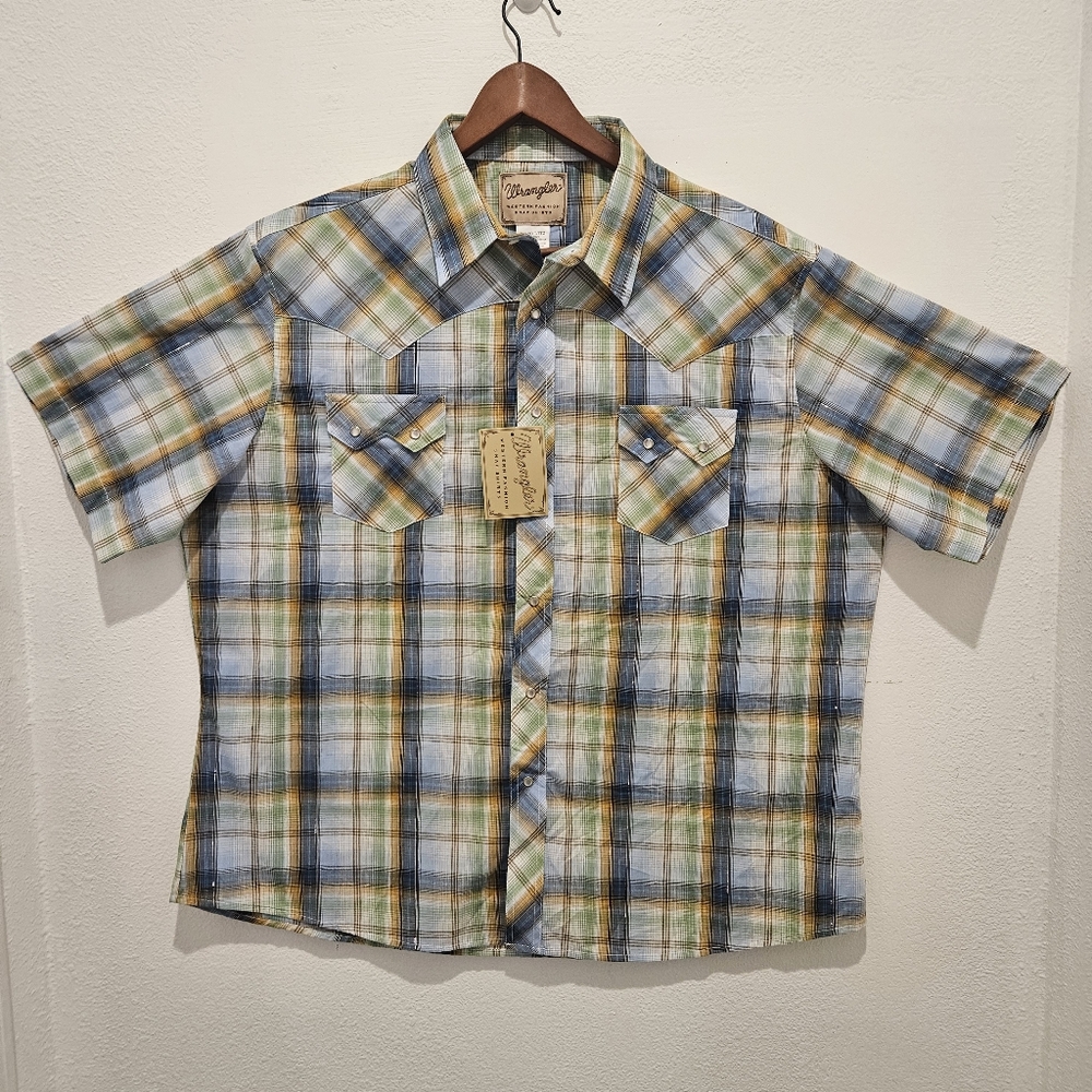 NWT Wrangler Western Fashion Pearl Snap Men Shirt XXL Plaid Short Sleeve